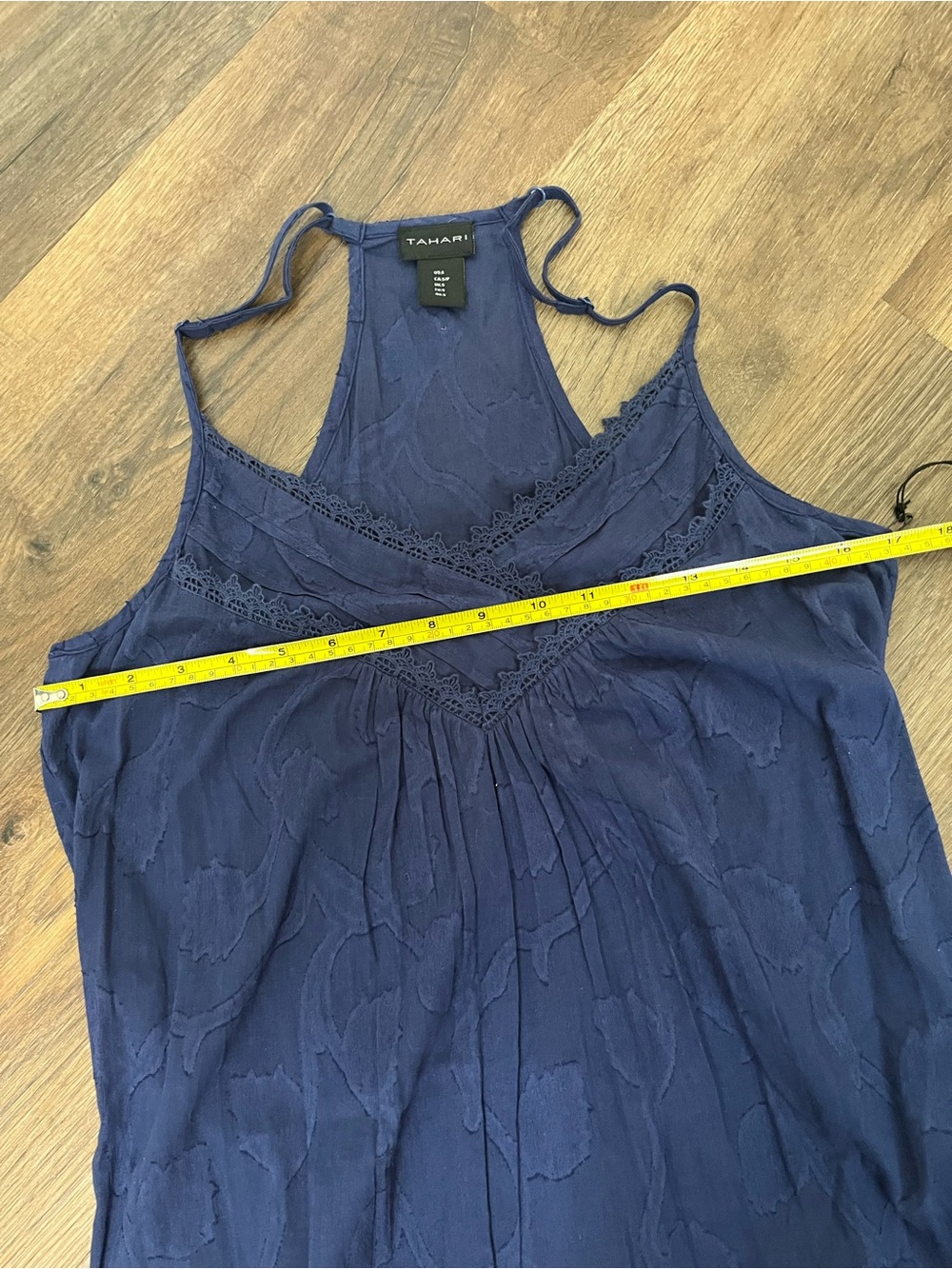 Tahari Navy 100% Cotton Navy Blue Textured Chemise Slip Dress with Lace Trim - Picture 8 of 9